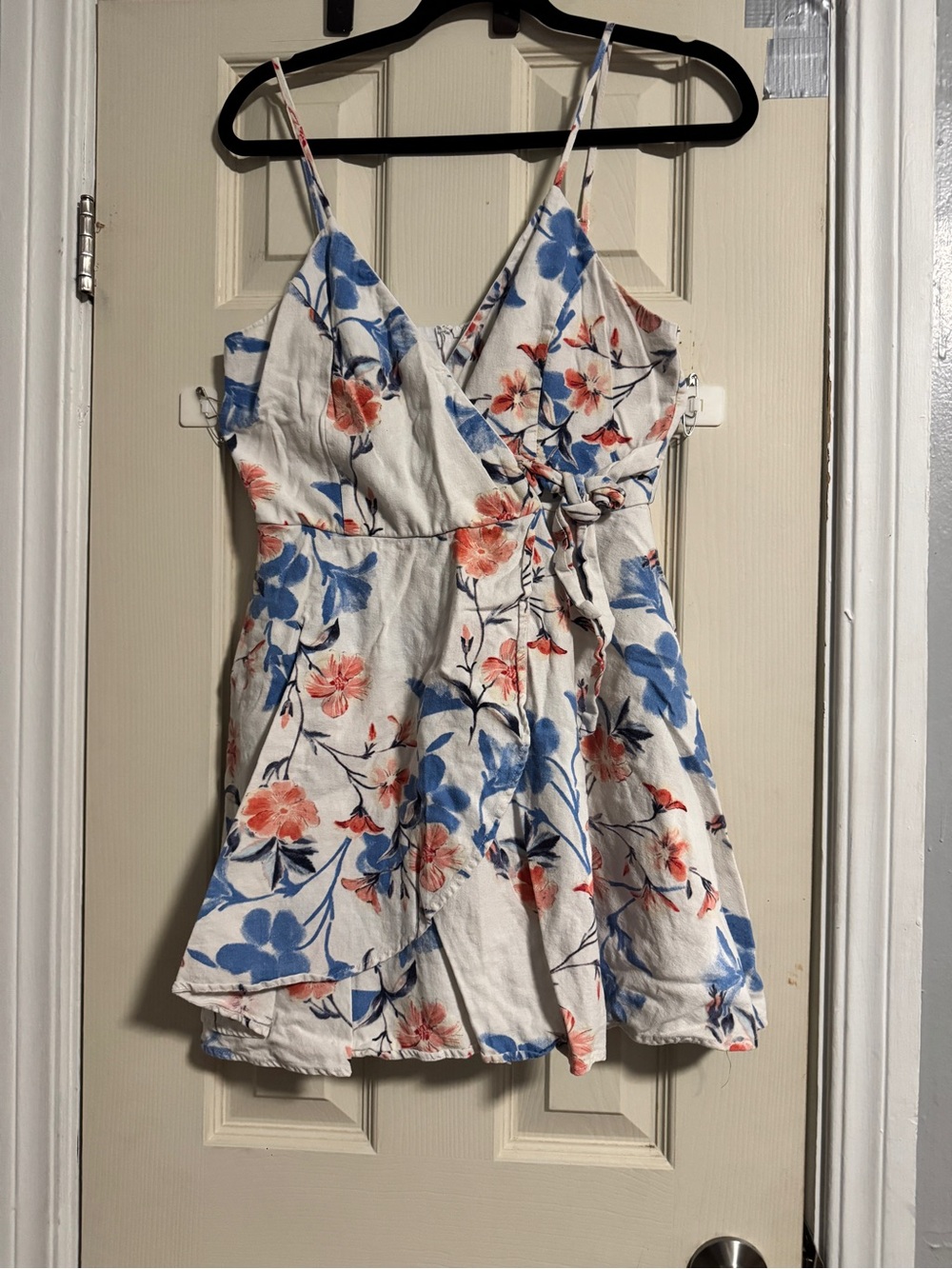miami White Floral Wrap Mini Dress with Blue & Coral Flowers